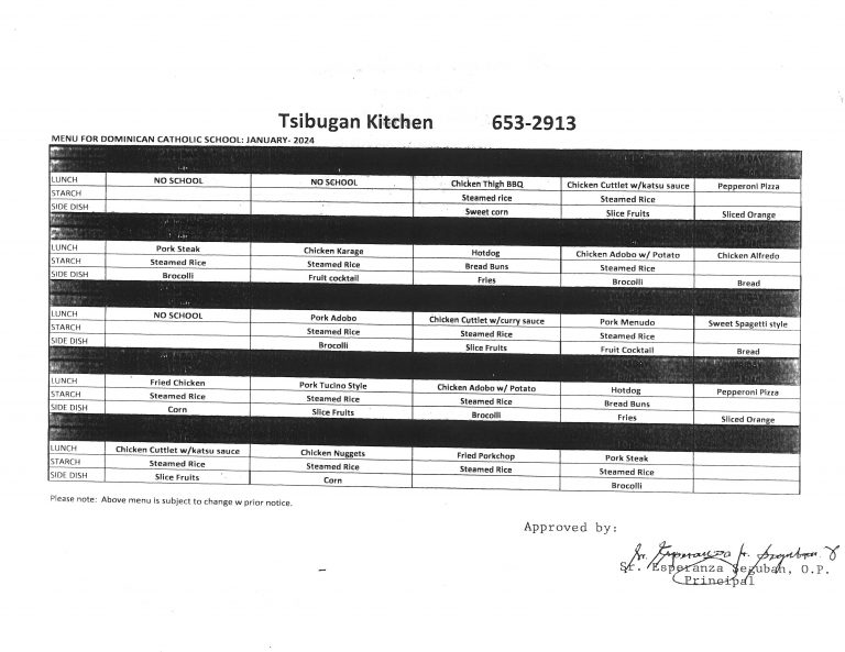 Cafeteria Menu January 2024 Dominican Catholic School