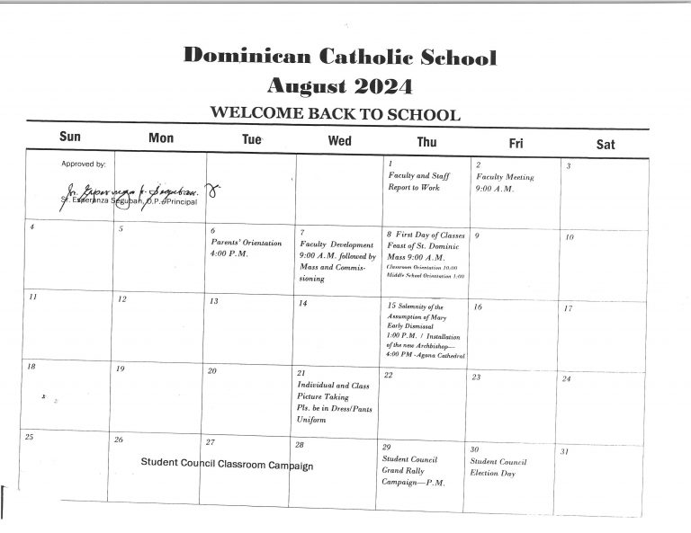 Calendar August 2024 Dominican Catholic School