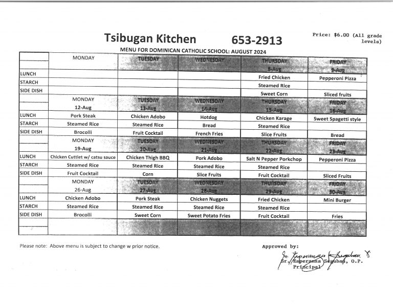 Cafeteria Menu August 2024 Dominican Catholic School