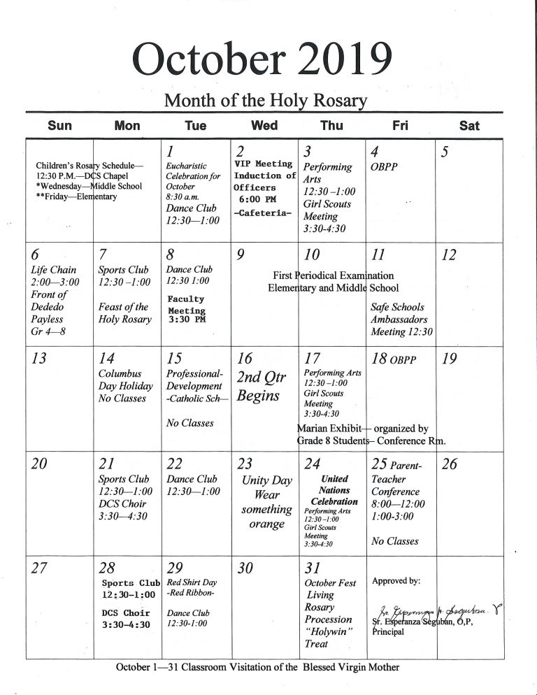 Calendar - October 2019 – Dominican Catholic School