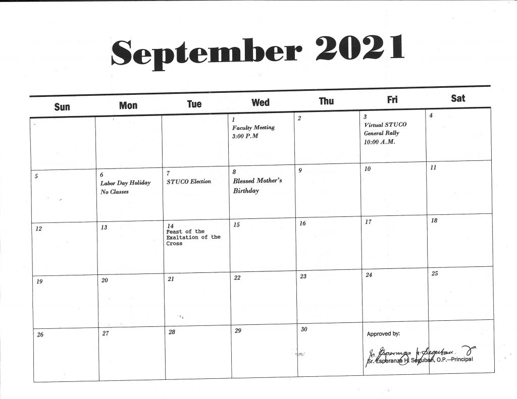 Calendar September 2021 Dominican Catholic School